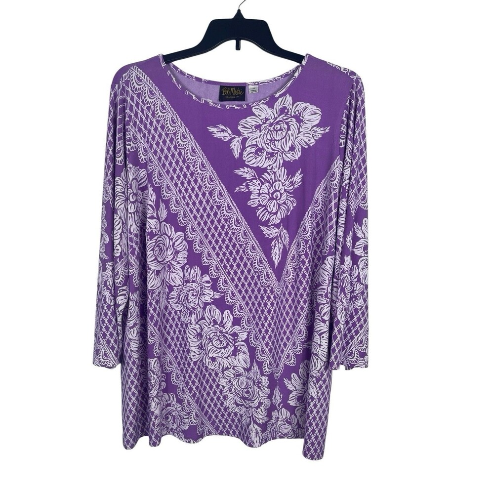 Bob Mackie Wearable Art 3X Purple Floral Lace Print Tunic Top Stretch Artsy Boho